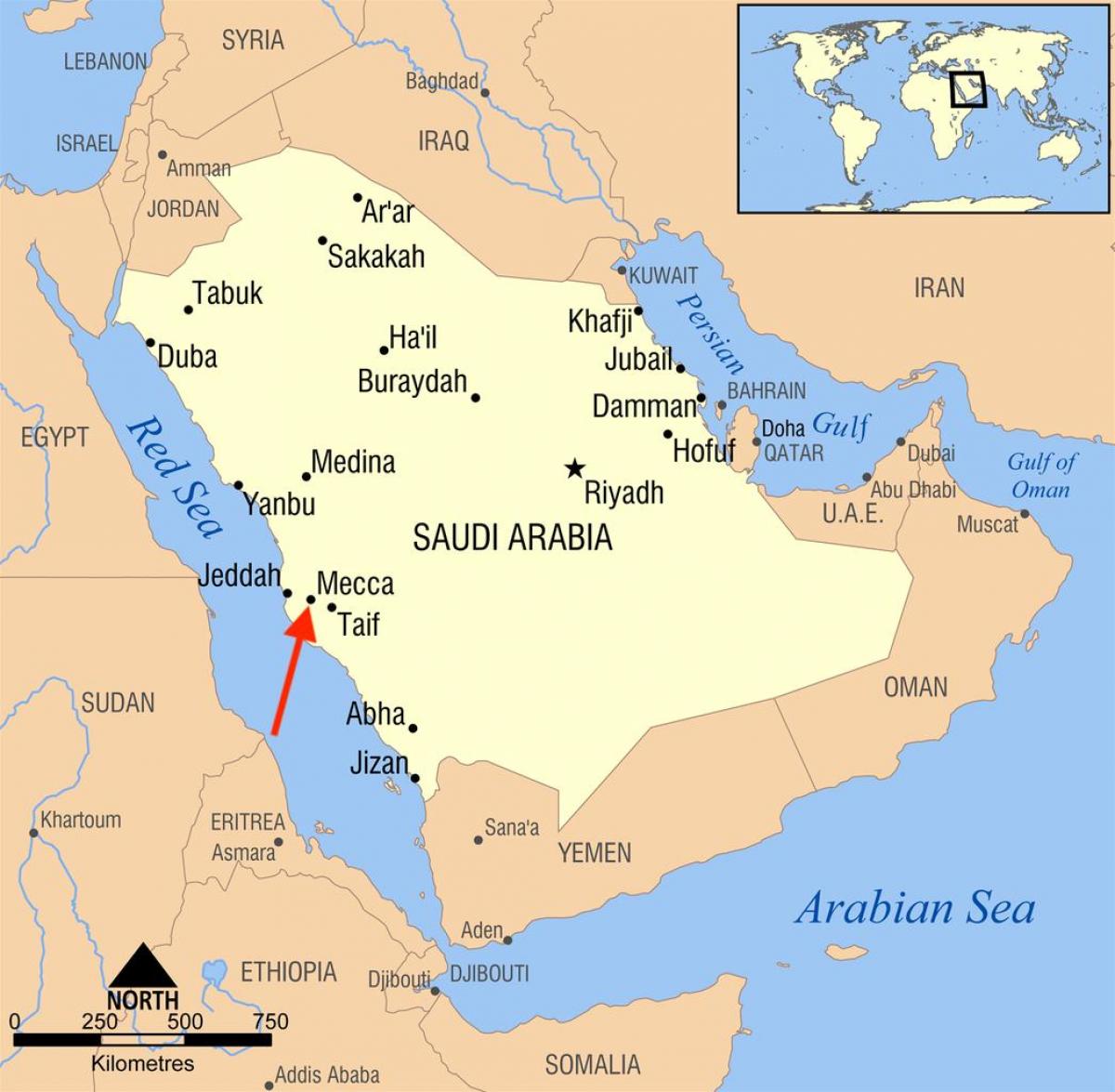 Meca (Makkah) no mapa da Arábia Saudita
